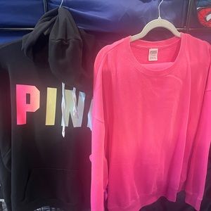 2 PINK  VS sweatshirt, hoodie matching pants and shorts all gently used!